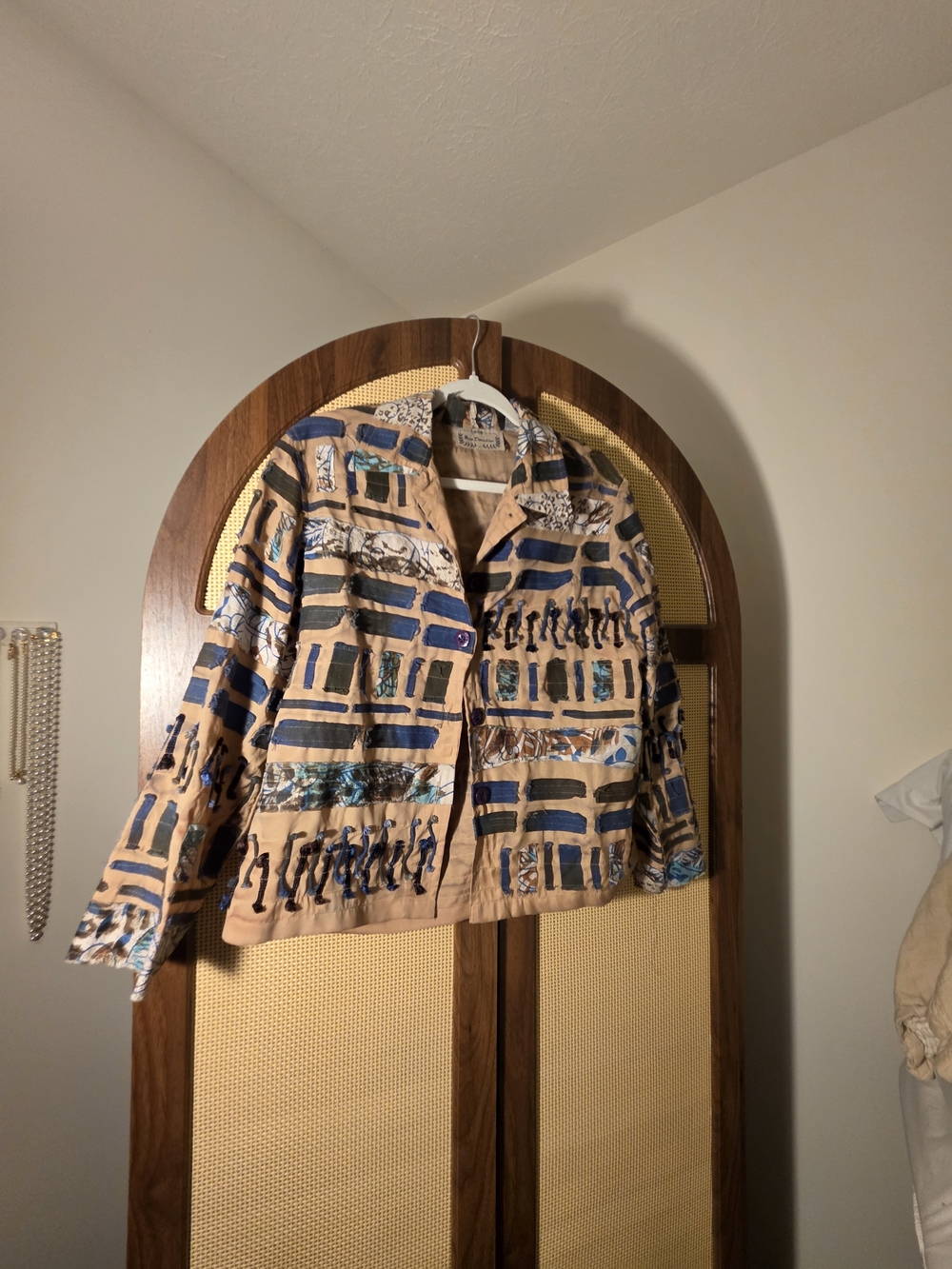 new directions Beige Jacket with Blue Geometric Print